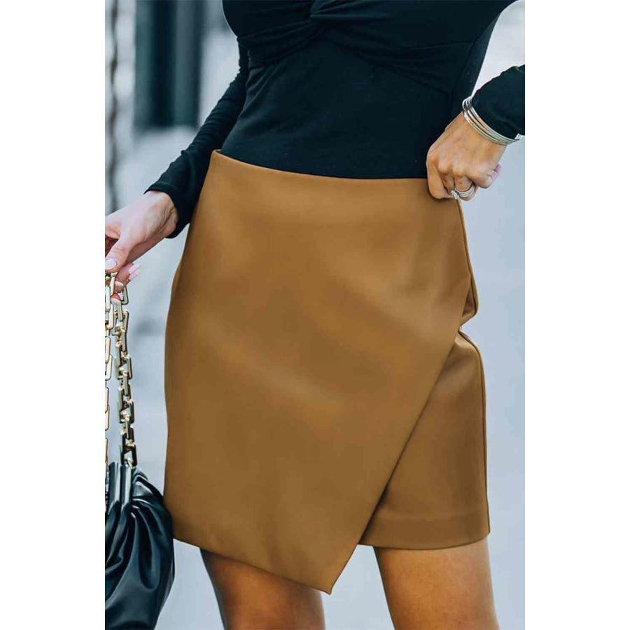 Double Take Asymmetrical PU Leather Mini Skirt Brown / S Apparel and Accessories