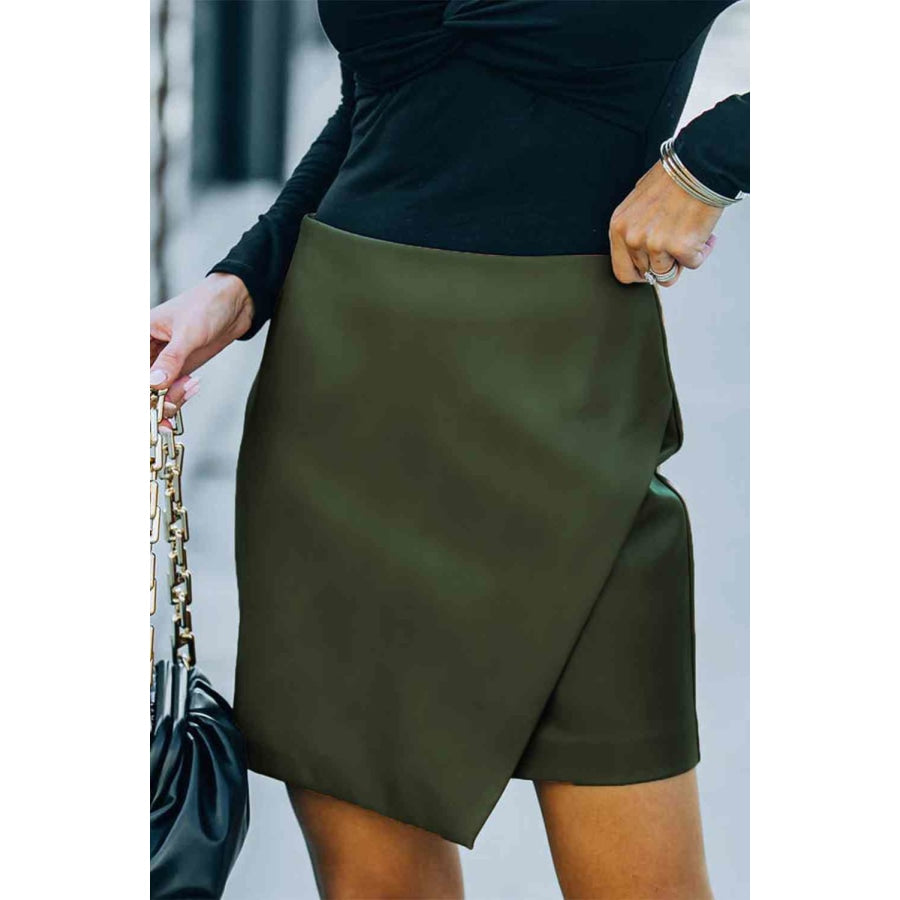 Double Take Asymmetrical PU Leather Mini Skirt Olive / S Apparel and Accessories
