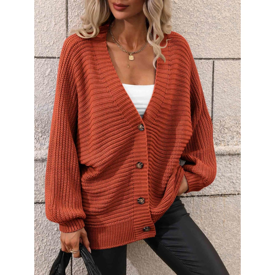 Double Take Button Down Horizontal-Ribbing Longline Cardigan Apparel and Accessories