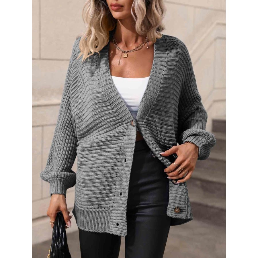 Double Take Button Down Horizontal-Ribbing Longline Cardigan Apparel and Accessories