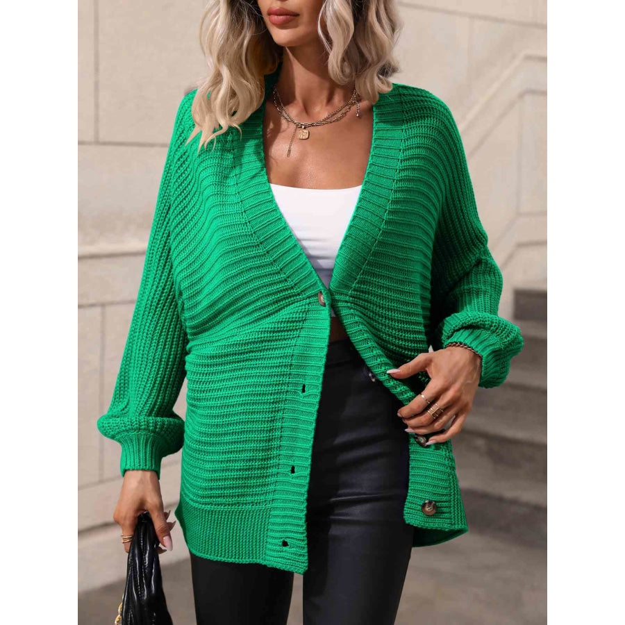 Double Take Button Down Horizontal-Ribbing Longline Cardigan Apparel and Accessories