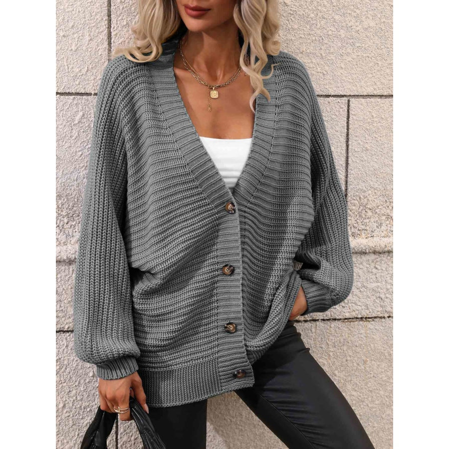 Double Take Button Down Horizontal-Ribbing Longline Cardigan Apparel and Accessories