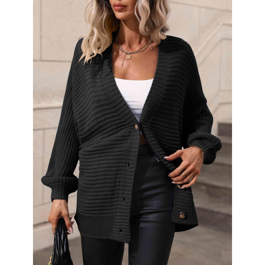 Double Take Button Down Horizontal-Ribbing Longline Cardigan Apparel and Accessories