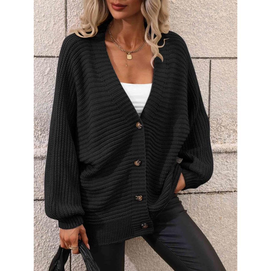 Double Take Button Down Horizontal-Ribbing Longline Cardigan Black / S Apparel and Accessories