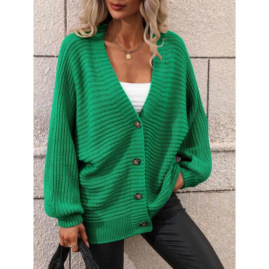 Double Take Button Down Horizontal-Ribbing Longline Cardigan Green / S Apparel and Accessories