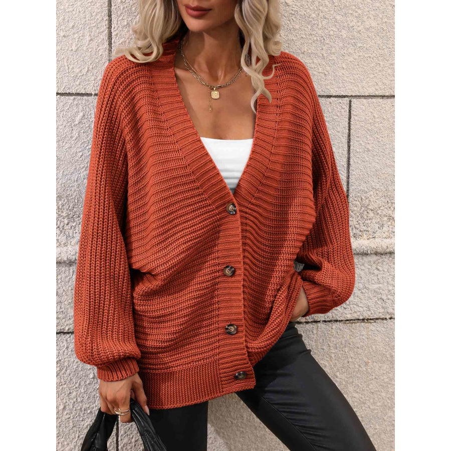 Double Take Button Down Horizontal-Ribbing Longline Cardigan Rust / S Apparel and Accessories