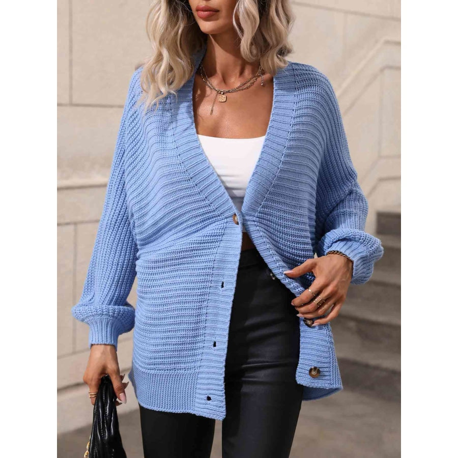 Double Take Button Down Horizontal-Ribbing Longline Cardigan Sky Blue / S Apparel and Accessories