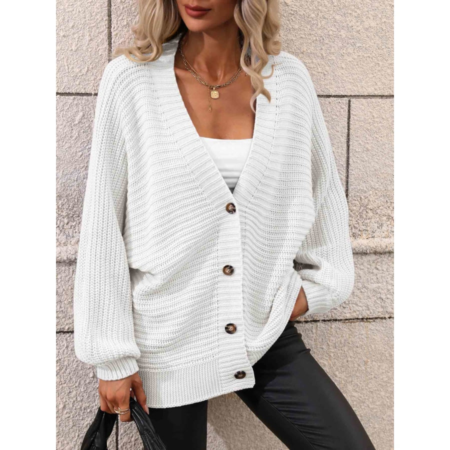Double Take Button Down Horizontal-Ribbing Longline Cardigan White / S Apparel and Accessories
