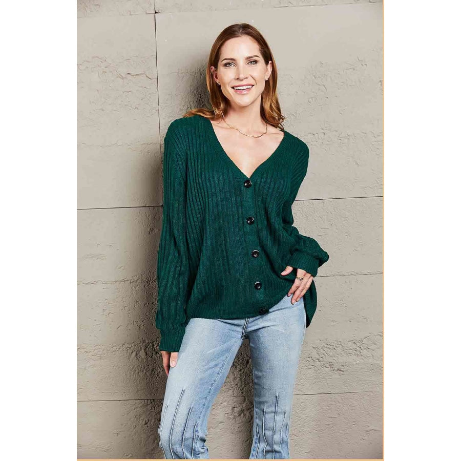 Double Take Button Down Rib-Knit Cardigan Teal / S Shirts & Tops