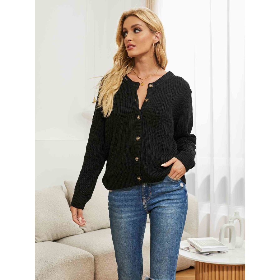 Double Take Button Down Rib-Knit Reversible Sweater Black / S Apparel and Accessories