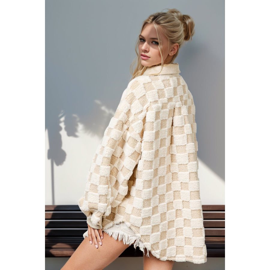 Double Take Button Up Fuzzy Checkered Shacket Apparel and Accessories