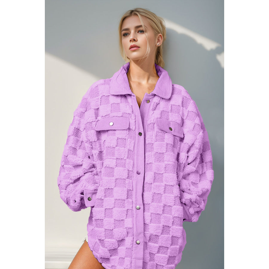 Double Take Button Up Fuzzy Checkered Shacket Lilac / S Apparel and Accessories