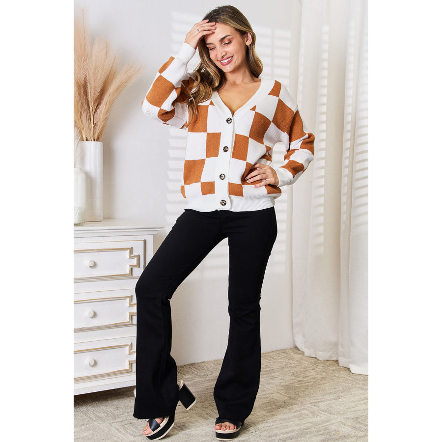 Double Take Button-Up V-Neck Dropped Shoulder Cardigan Apparel and Accessories