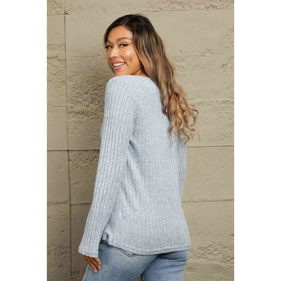 Double Take Buttoned Hem Detail Ribbed Top Misty Blue / S Apparel and Accessories