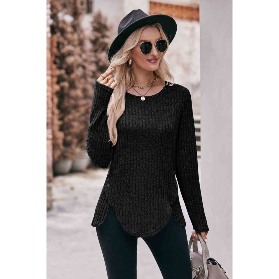 Double Take Buttoned Hem Detail Ribbed Top Apparel and Accessories