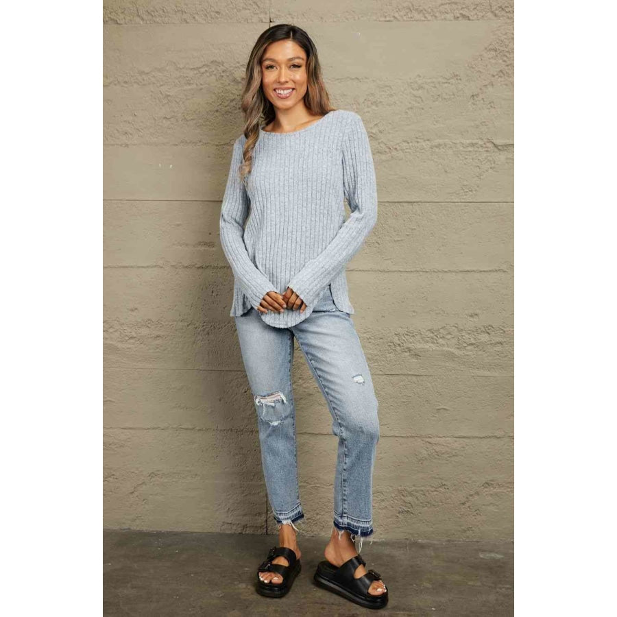 Double Take Buttoned Hem Detail Ribbed Top Apparel and Accessories
