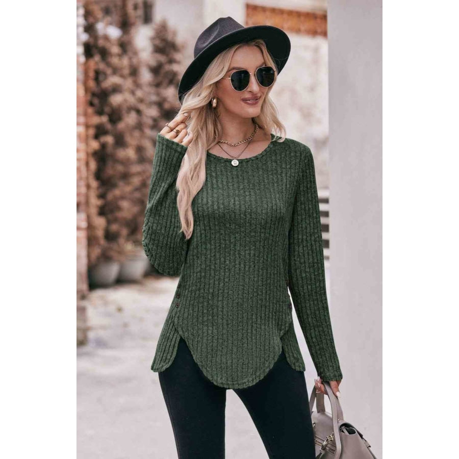 Double Take Buttoned Hem Detail Ribbed Top Apparel and Accessories