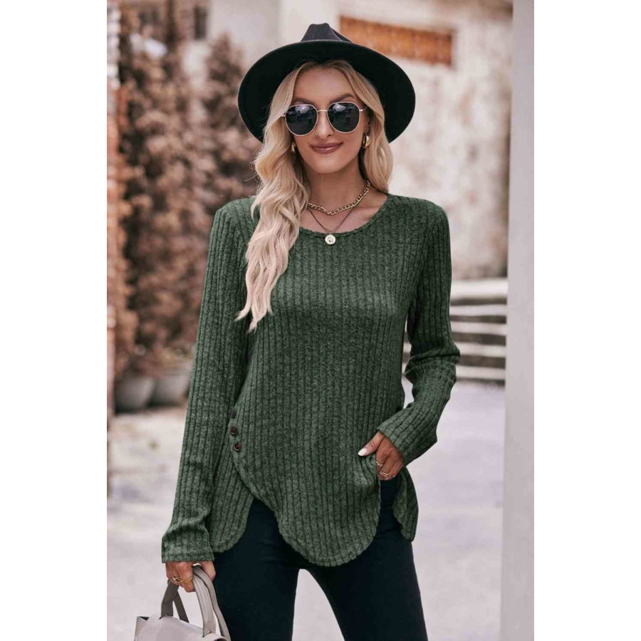 Double Take Buttoned Hem Detail Ribbed Top Army Green / S Apparel and Accessories