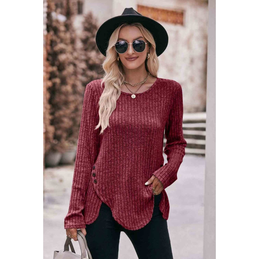Double Take Buttoned Hem Detail Ribbed Top Cerise / S Apparel and Accessories