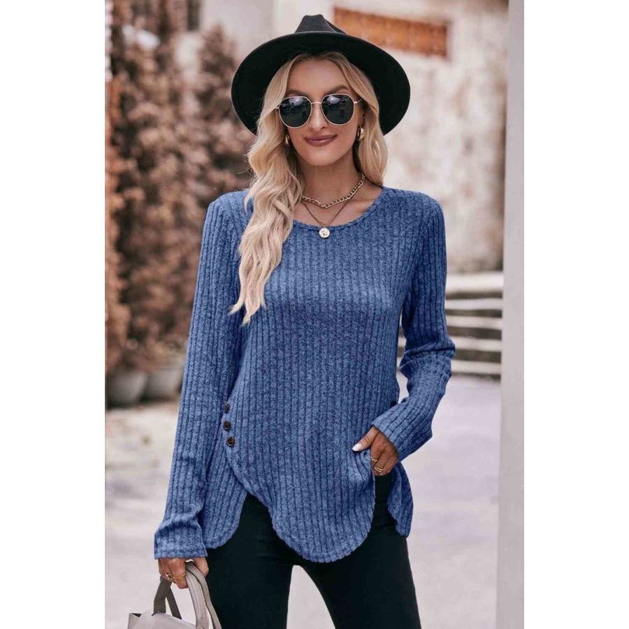 Double Take Buttoned Hem Detail Ribbed Top Dusty Blue / S Apparel and Accessories
