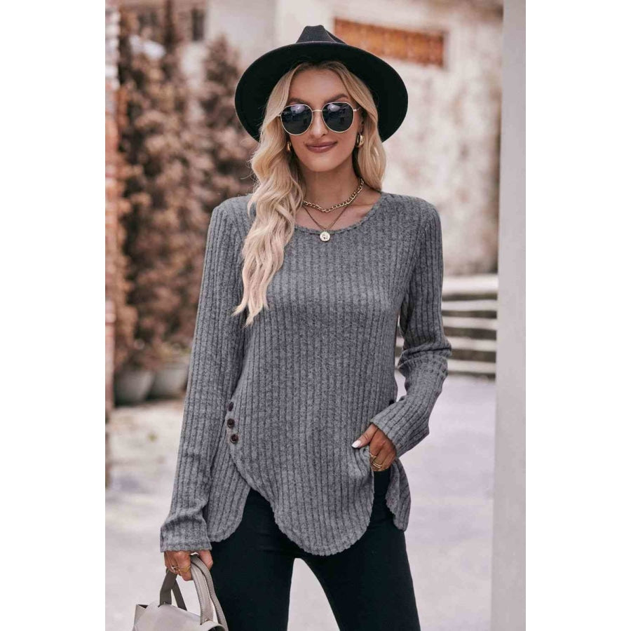 Double Take Buttoned Hem Detail Ribbed Top Heather Gray / S Apparel and Accessories