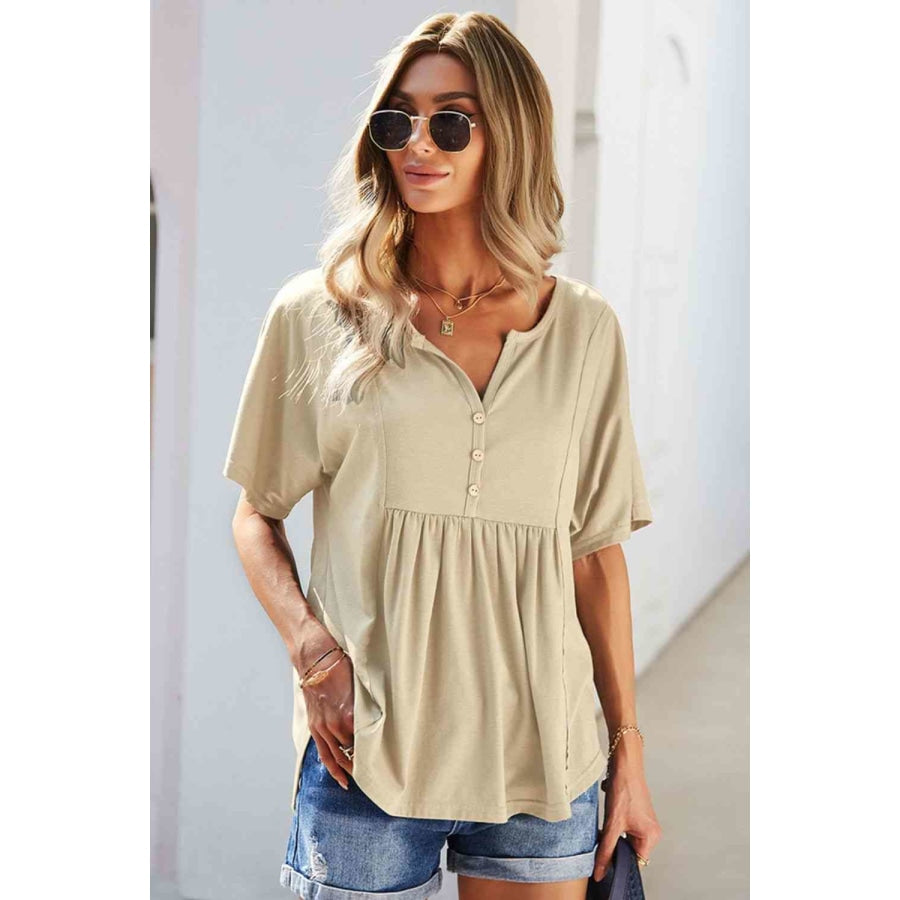 Double Take Buttoned Notched Neck Short Sleeve Top Beige / S Shirts &amp; Tops