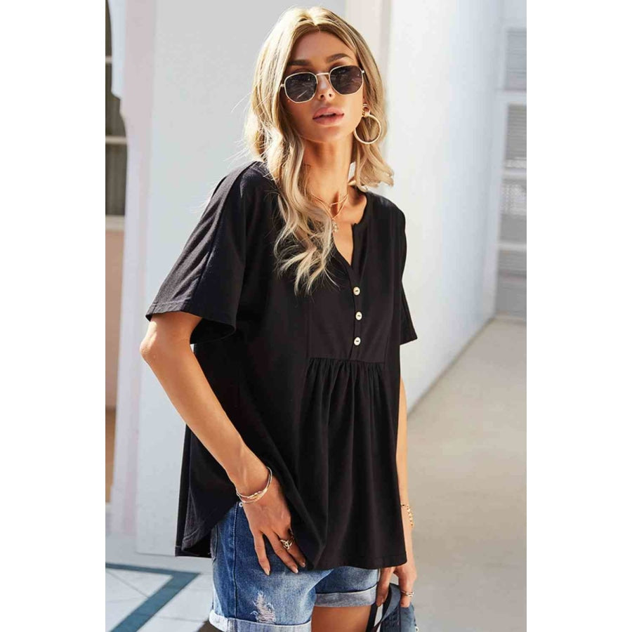 Double Take Buttoned Notched Neck Short Sleeve Top Black / S Shirts &amp; Tops