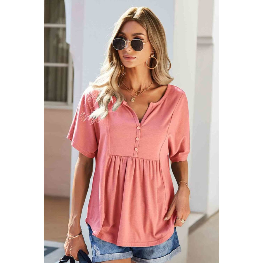 Double Take Buttoned Notched Neck Short Sleeve Top Coral / S Shirts &amp; Tops