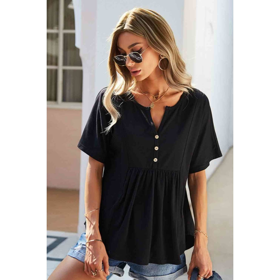 Double Take Buttoned Notched Neck Short Sleeve Top Shirts &amp; Tops