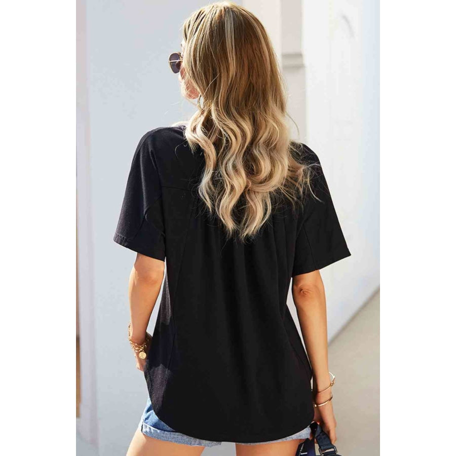 Double Take Buttoned Notched Neck Short Sleeve Top Shirts &amp; Tops