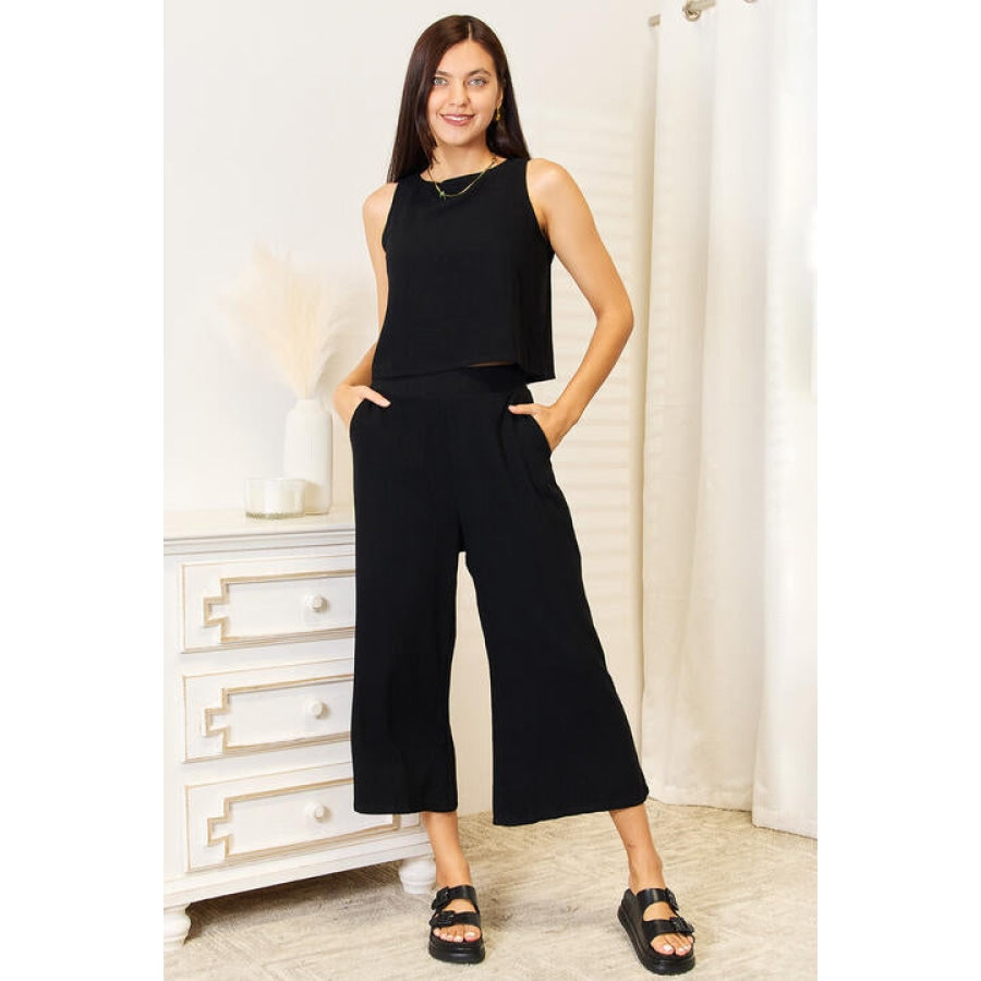 Double Take Buttoned Round Neck Tank and Wide Leg Pants Set Black / S Apparel and Accessories
