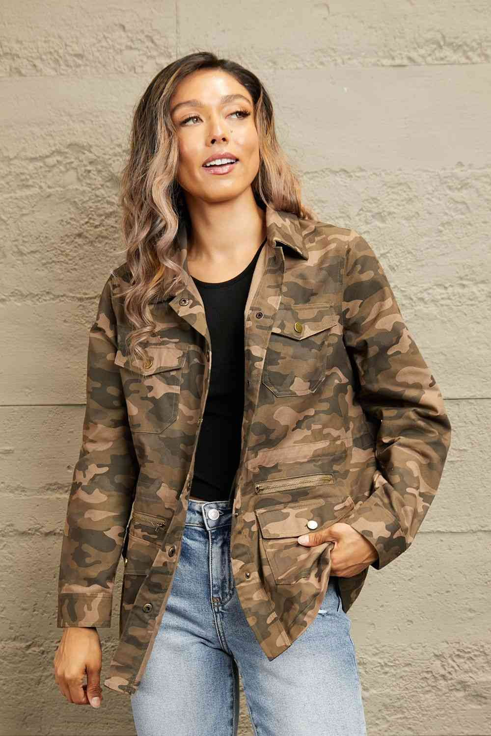 Double Take Camouflage Snap Down Jacket Camouflage / S Coats & Jackets