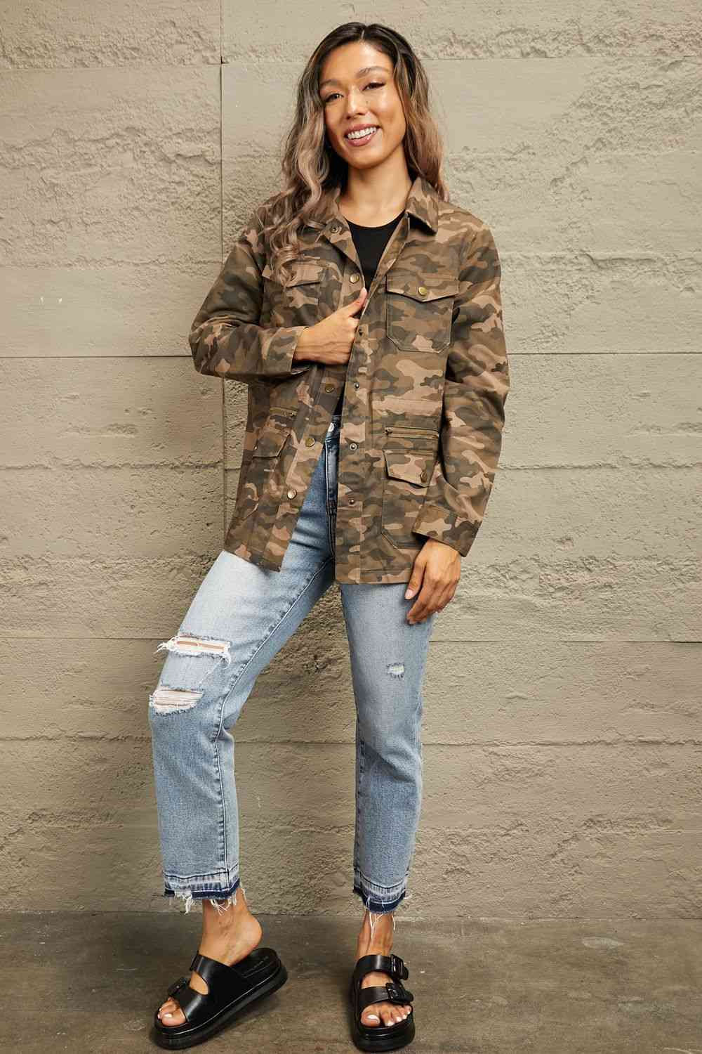 Double Take Camouflage Snap Down Jacket Coats &amp; Jackets