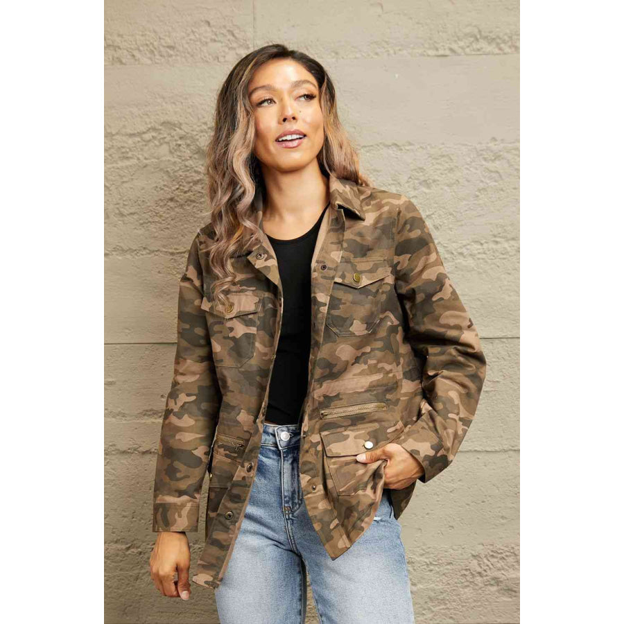 Double Take Camouflage Snap Down Jacket Camouflage / S Coats & Jackets