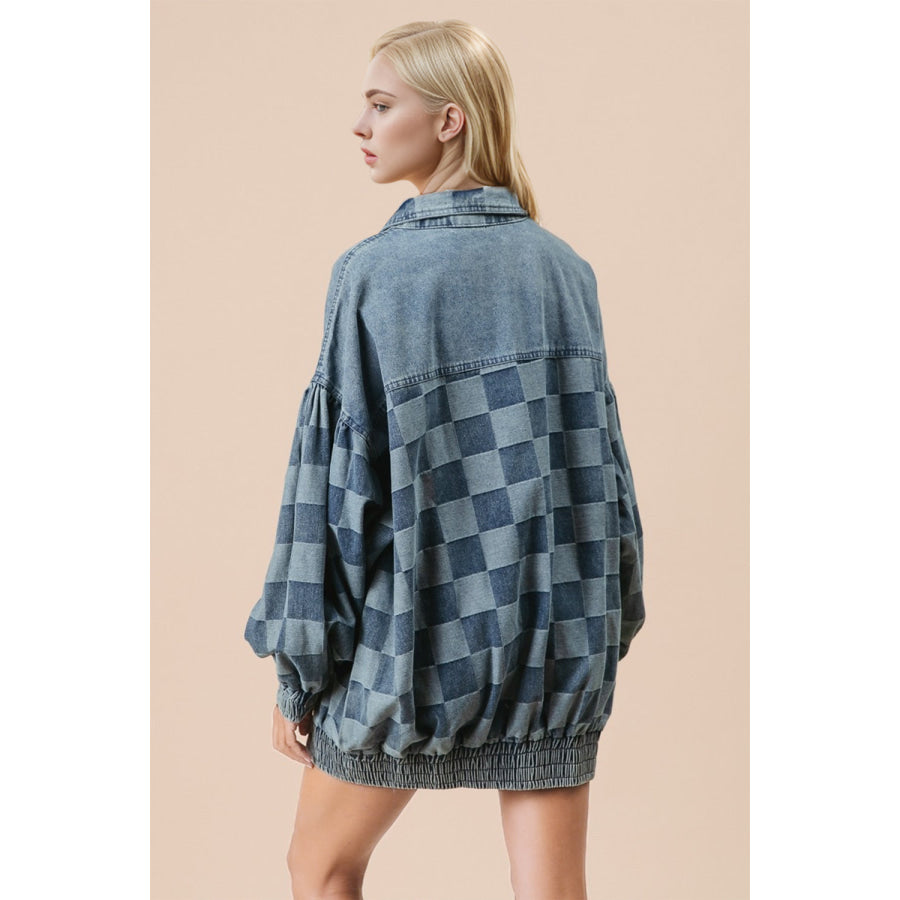 Double Take Checkered Button Up Denim Jacket Apparel and Accessories