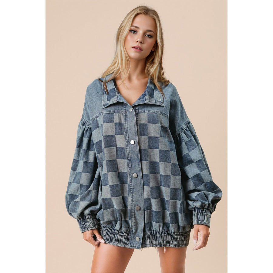 Double Take Checkered Button Up Denim Jacket Medium / S Apparel and Accessories