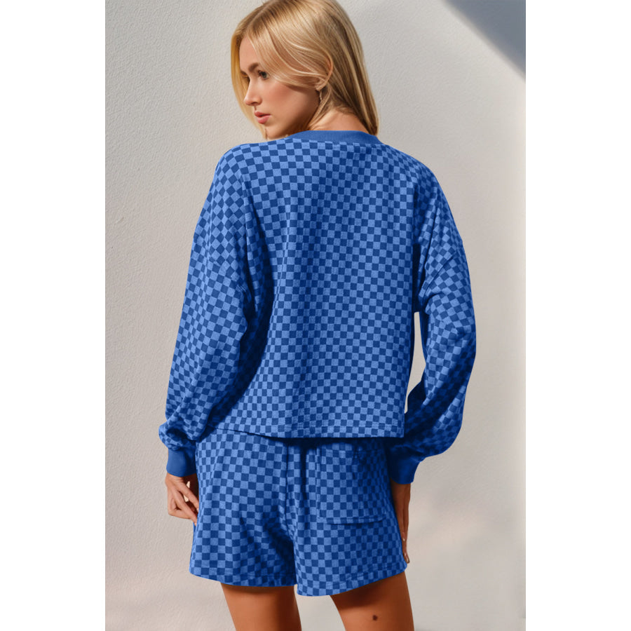 Double Take Checkered Half Button Top and Shorts Set Apparel and Accessories