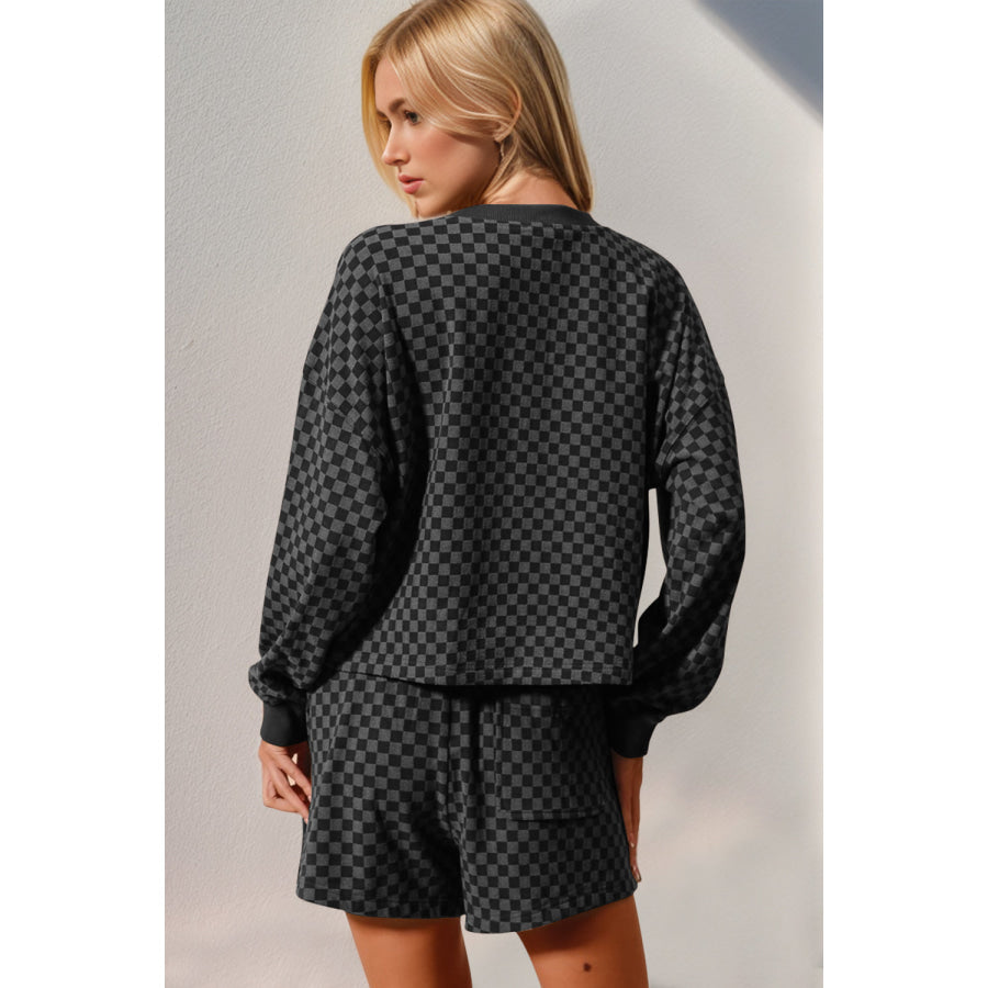 Double Take Checkered Half Button Top and Shorts Set Apparel and Accessories