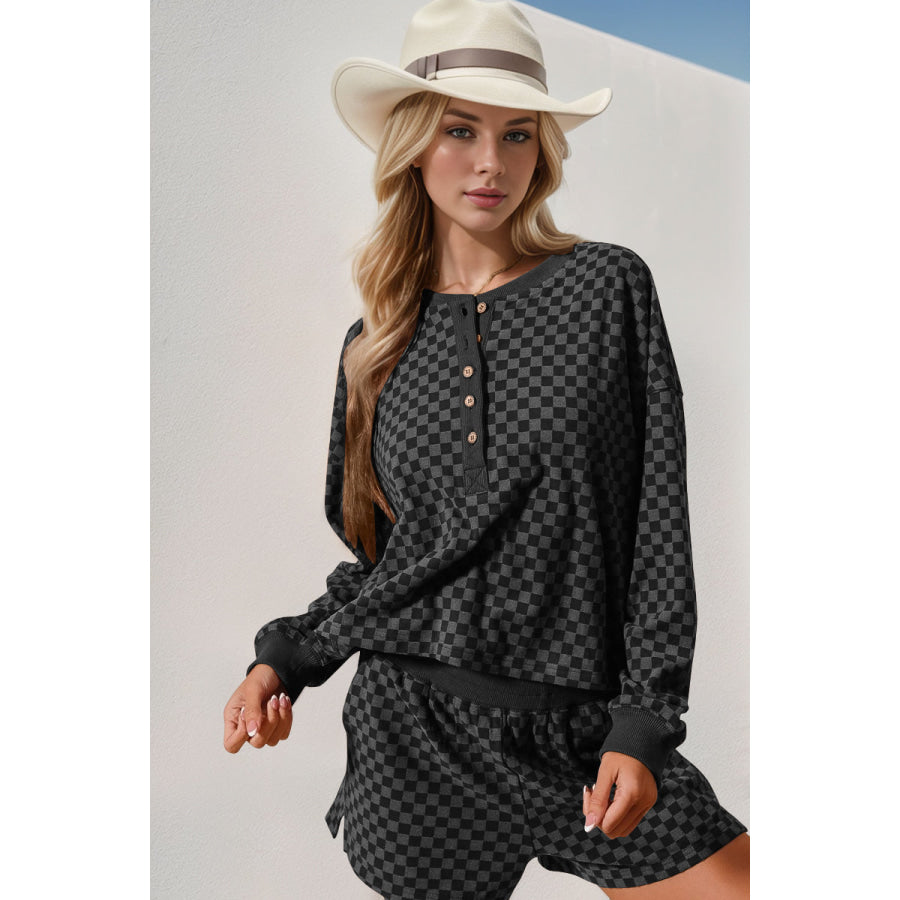 Double Take Checkered Half Button Top and Shorts Set Black / S Apparel and Accessories