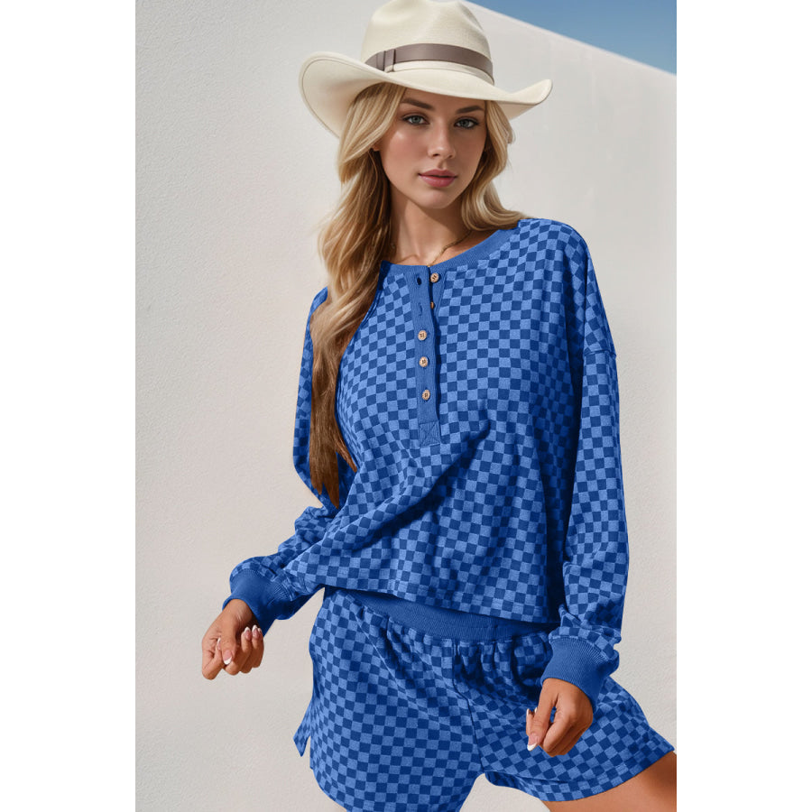 Double Take Checkered Half Button Top and Shorts Set Blue / S Apparel and Accessories