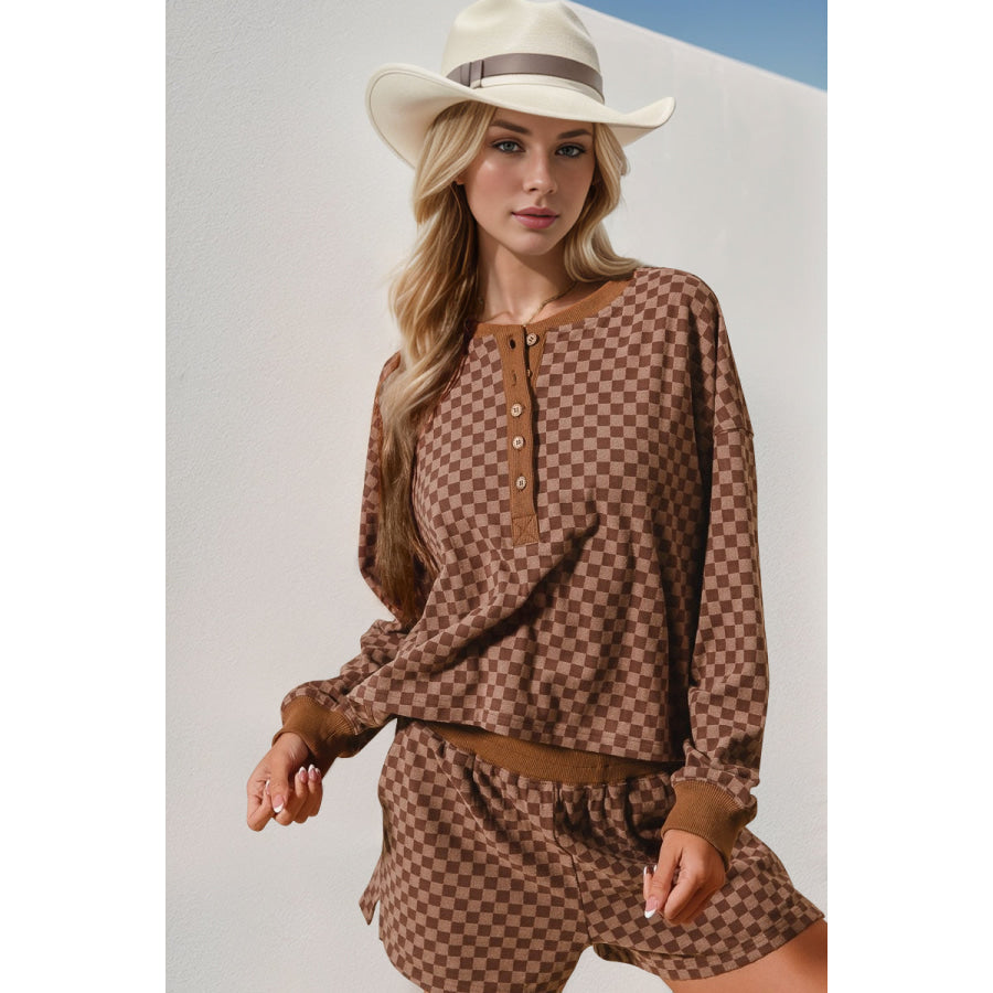 Double Take Checkered Half Button Top and Shorts Set Brown / S Apparel and Accessories