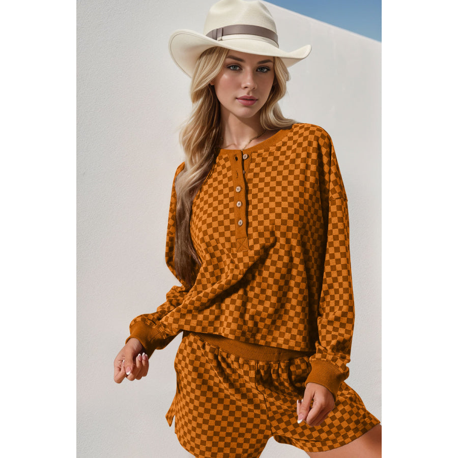 Double Take Checkered Half Button Top and Shorts Set Caramel / S Apparel and Accessories