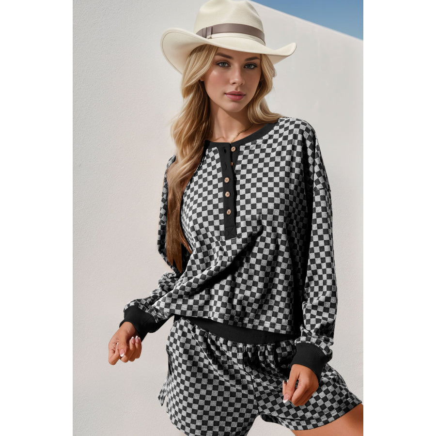 Double Take Checkered Half Button Top and Shorts Set White / S Apparel and Accessories