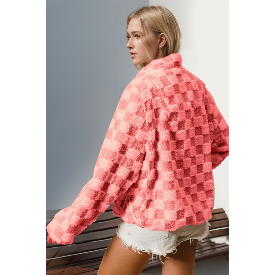 Double Take Checkered Long Sleeve Fuzzy Jacket Apparel and Accessories