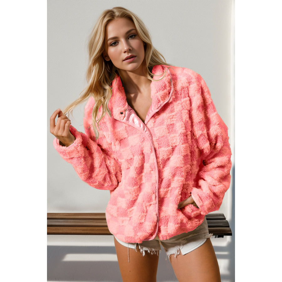 Double Take Checkered Long Sleeve Fuzzy Jacket Strawberry / S Apparel and Accessories