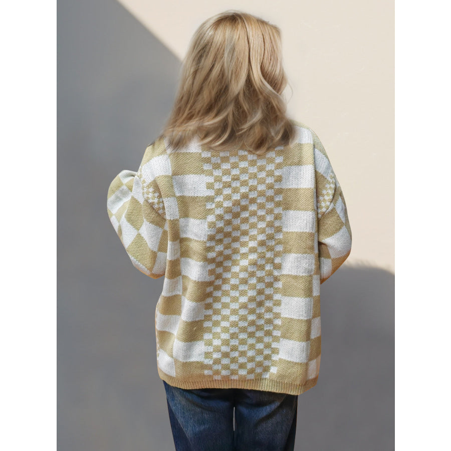 Double Take Checkered Open Front Dropped Shoulder Cardigan Apparel and Accessories