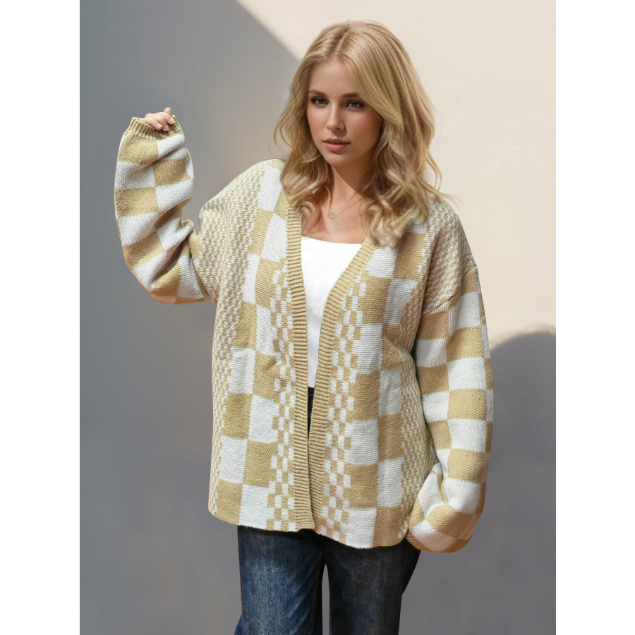 Double Take Checkered Open Front Dropped Shoulder Cardigan Apparel and Accessories