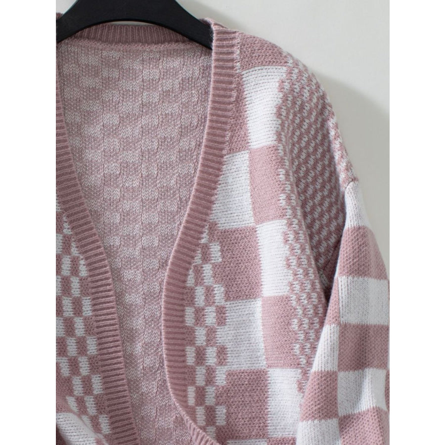 Double Take Checkered Open Front Dropped Shoulder Cardigan Apparel and Accessories