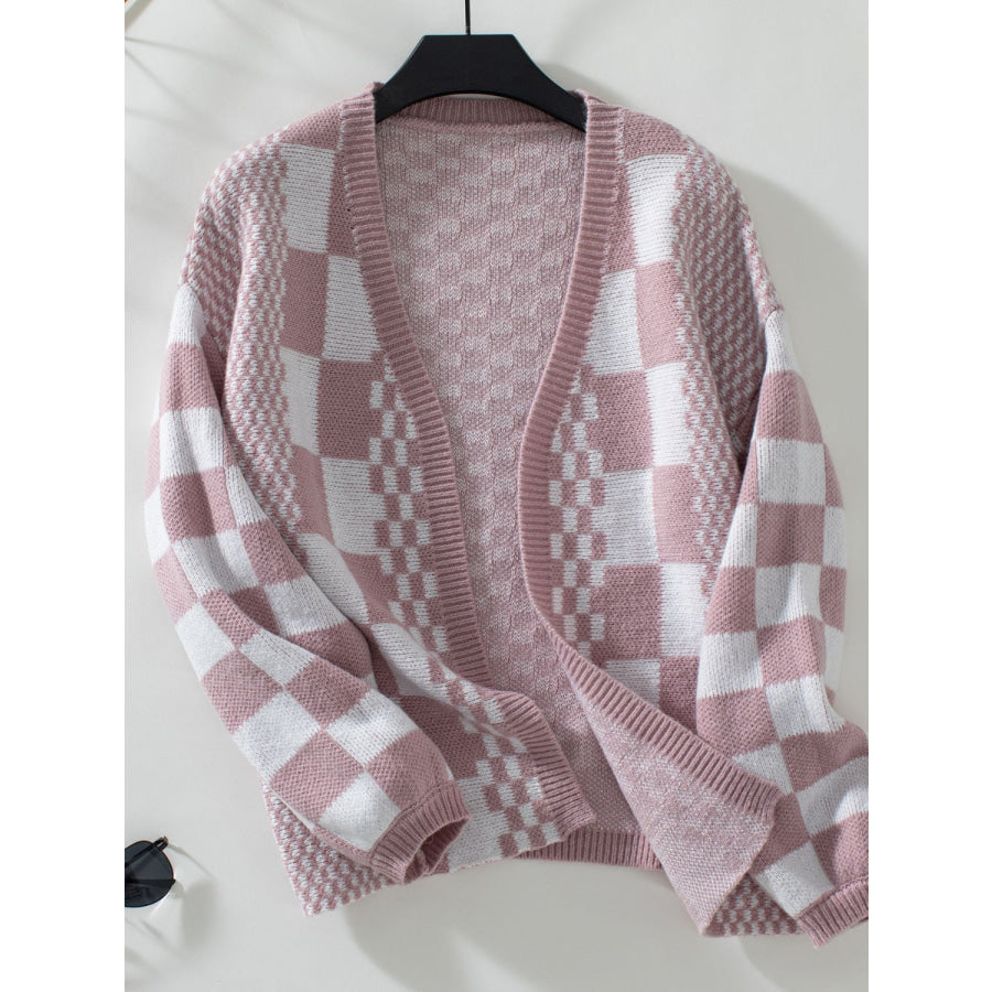 Double Take Checkered Open Front Dropped Shoulder Cardigan Dusty Pink / S Apparel and Accessories