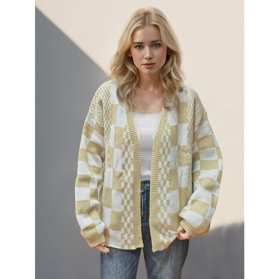 Double Take Checkered Open Front Dropped Shoulder Cardigan Tan / S Apparel and Accessories